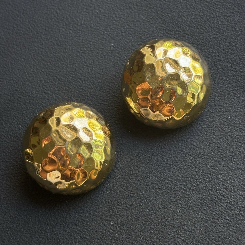 Vintage St John Gold Tone Large Round Hammered Textured Button Clip On Earrings